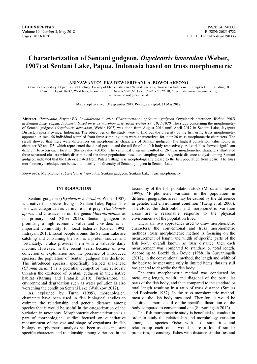 Characterization of Sentani Gudgeon, Oxyeleotris Heterodon (Weber, 1907) at Sentani Lake, Papua, Indonesia Based on Truss Morphometric