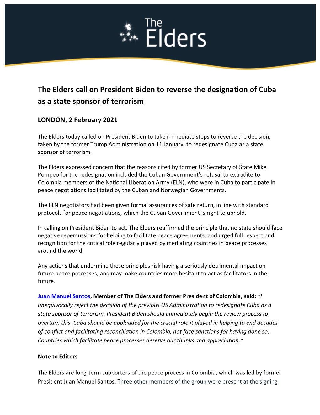 The Elders Call on President Biden to Reverse the Designation of Cuba As a State Sponsor of Terrorism