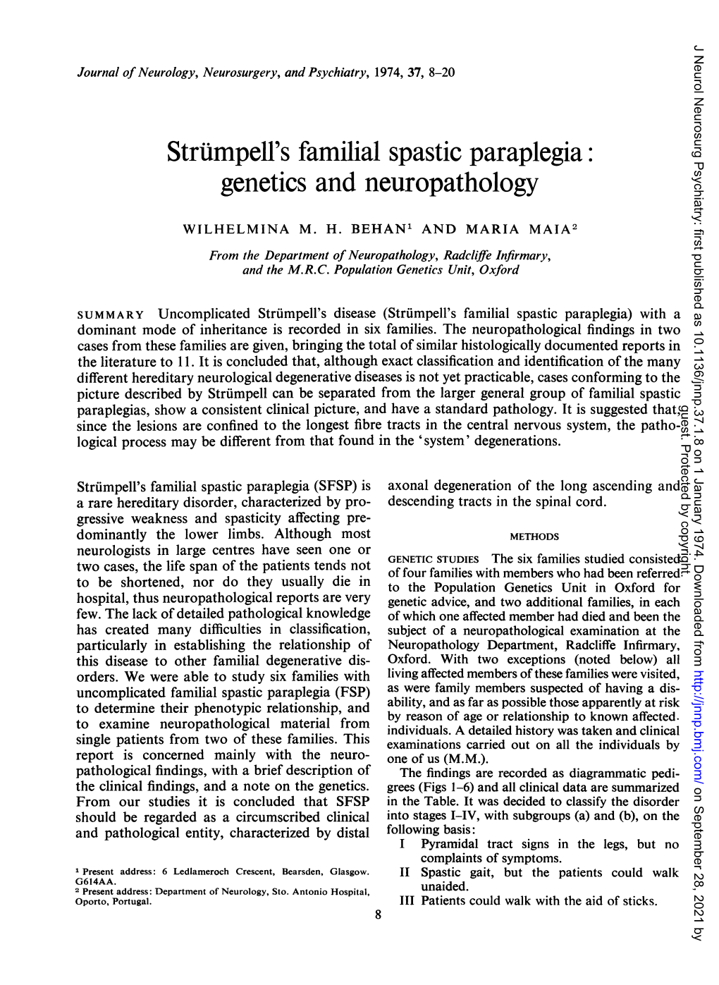 Strumpell's Familial Spastic Paraplegia: Genetics and Neuropathology