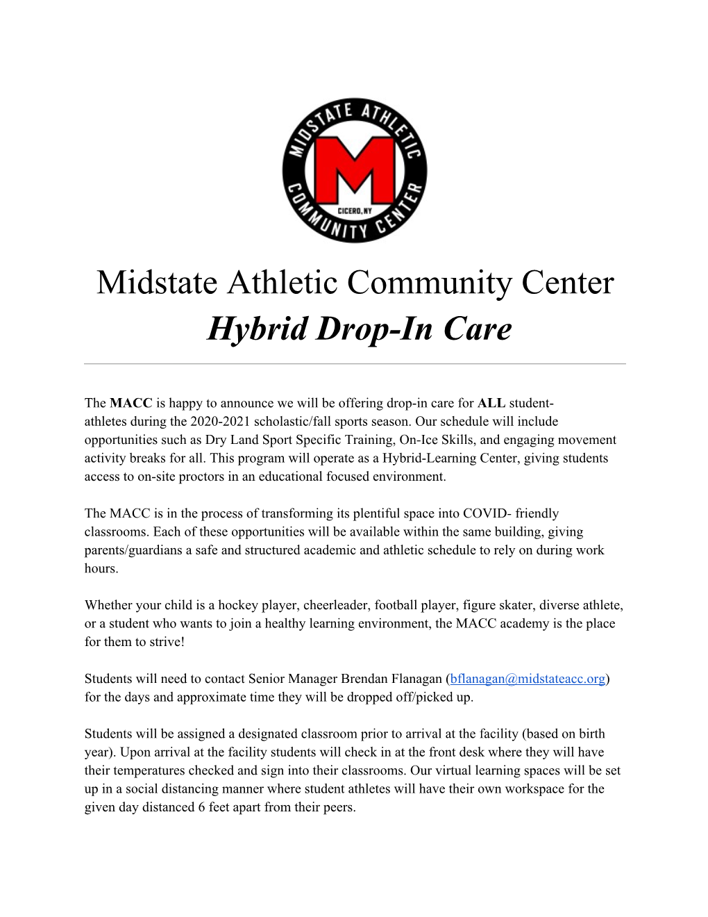 Midstate Athletic Community Center Hybrid Drop-In Care
