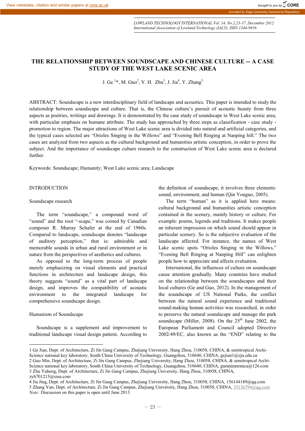 The Relationship Between Soundscape and Chinese Culture -- a Case Study of the West Lake Scenic Area