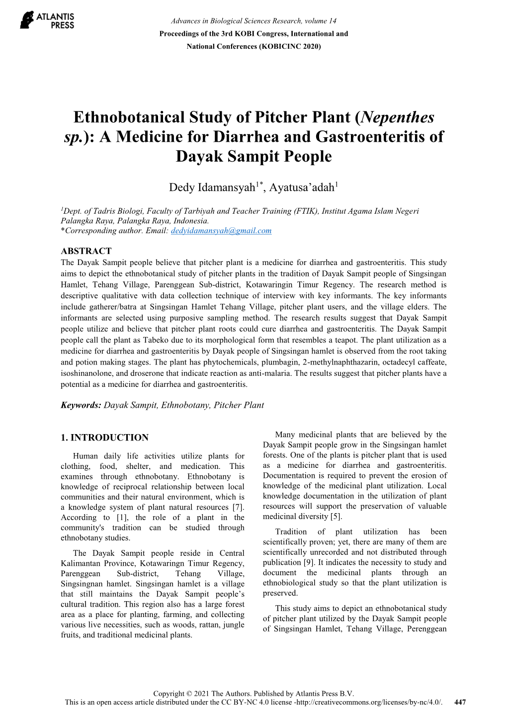 Ethnobotanical Study of Pitcher Plant (Nepenthes Sp.): a Medicine for Diarrhea and Gastroenteritis of Dayak Sampit People