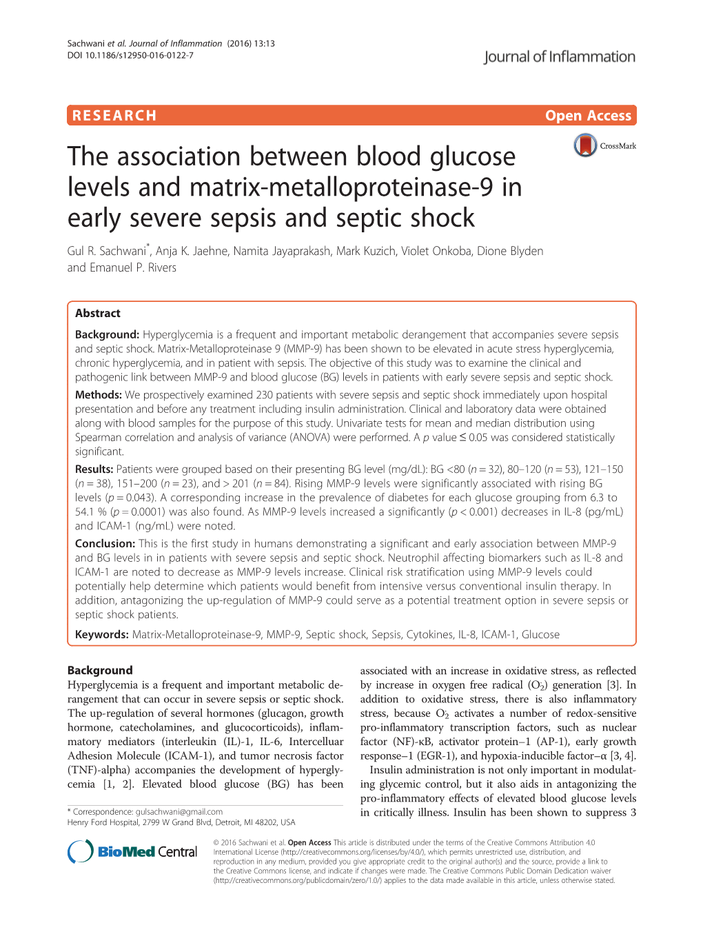 The Association Between Blood Glucose Levels and Matrix-Metalloproteinase-9 in Early Severe Sepsis and Septic Shock Gul R