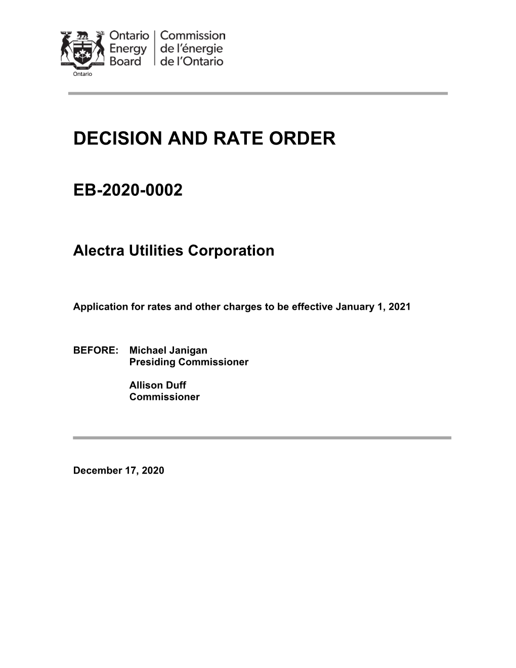 Decision and Rate Order for Alectra 2021