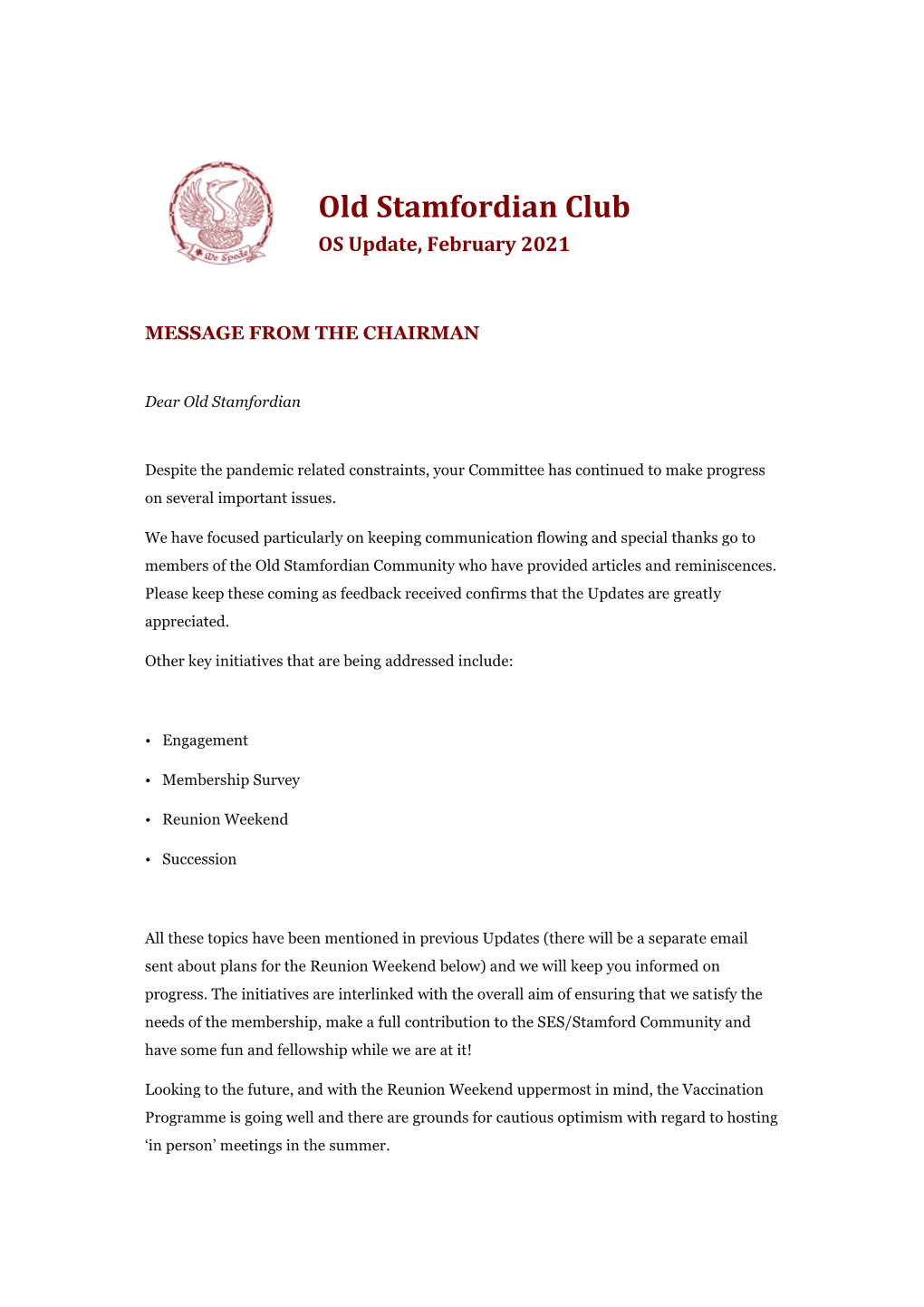 Old Stamfordian Club OS Update, February 2021