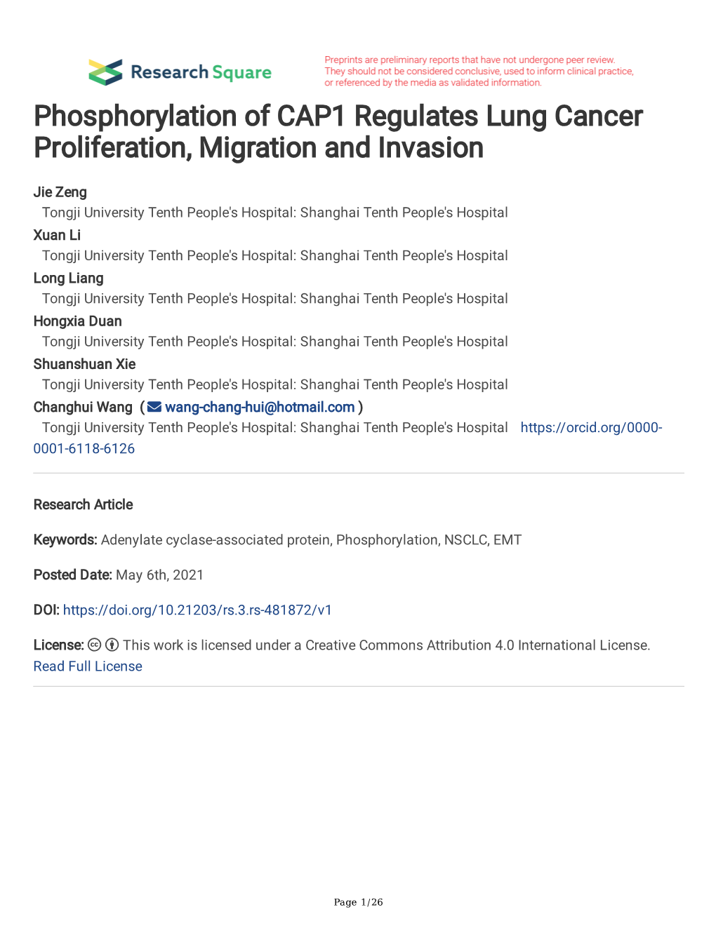 Phosphorylation of CAP1 Regulates Lung Cancer Proliferation, Migration and Invasion