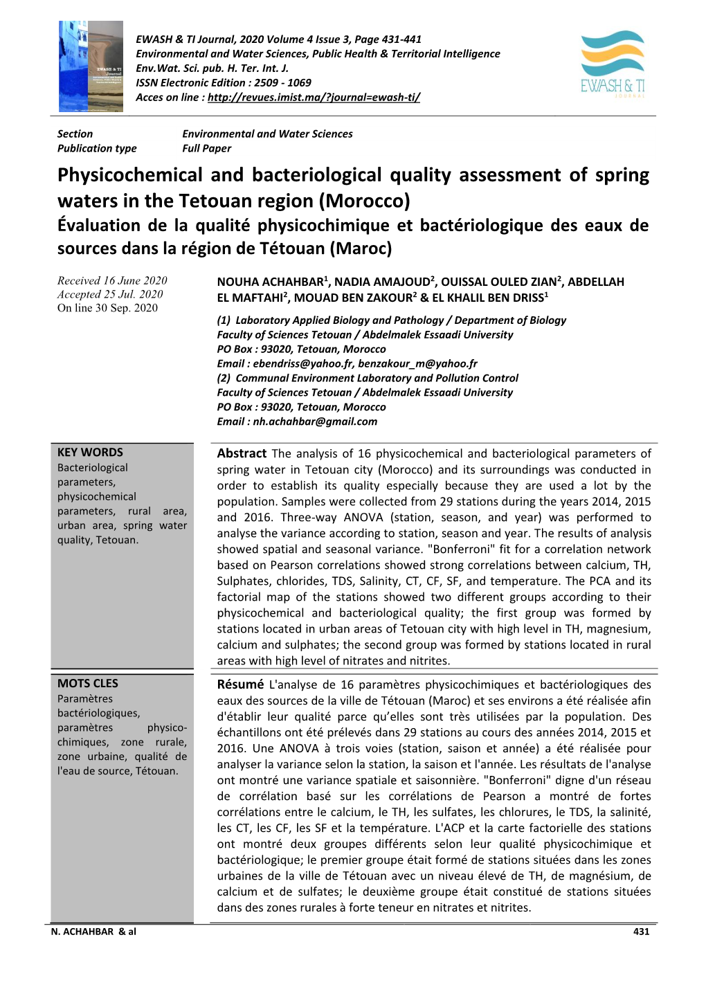 Physicochemical and Bacteriological Quality Assessment of Spring Waters in the Tetouan Region (Morocco)