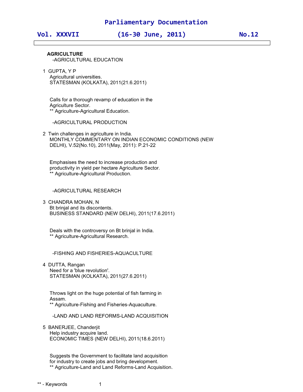 Parliamentary Documentation Vol. XXXVII (16-30 June, 2011) No.12