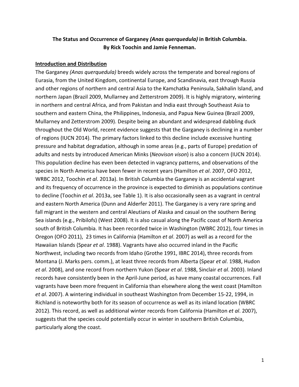 The Status and Occurrence of Garganey (Anas Querquedula) in British Columbia