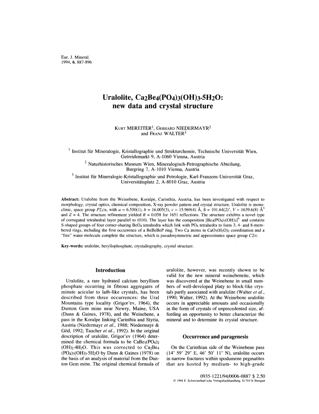 Uralolite, Ca2be4(P04)3( OH)3.5H20: New Data and Crystal Structure