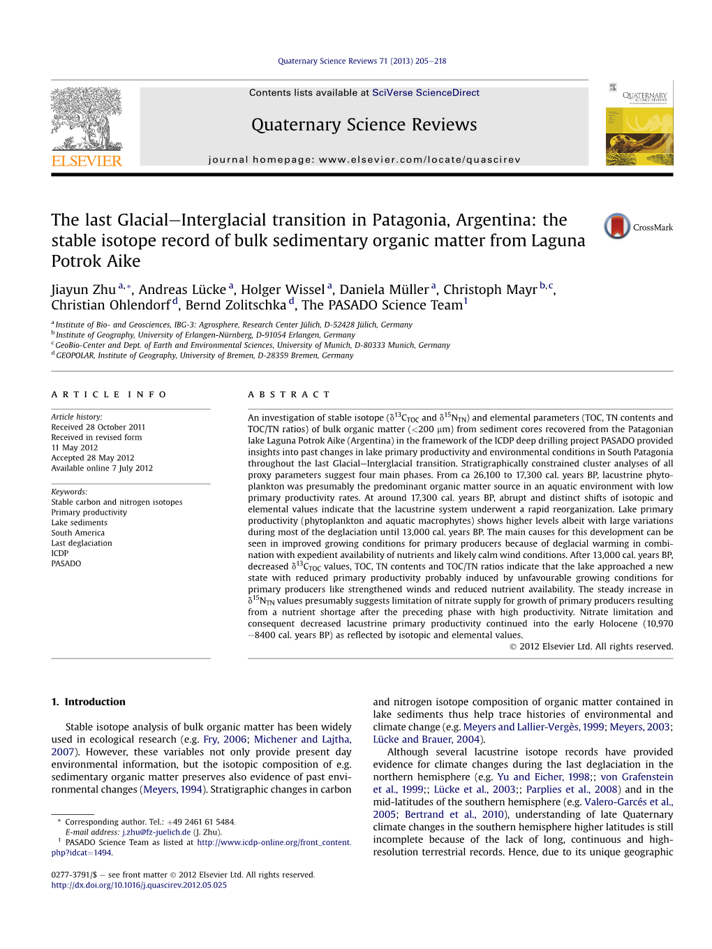 The Stable Isotope Record of Bulk Sedimentary Organic Matter from Laguna Potrok Aike