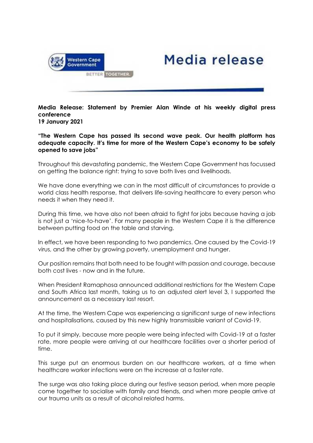 Media Release: Statement by Premier Alan Winde at His Weekly Digital Press Conference 19 January 2021 “The Western Cape Has Pa