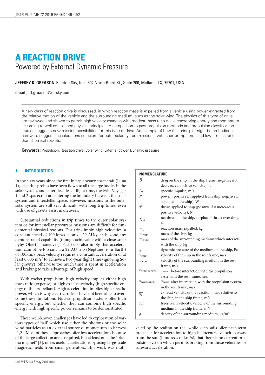 A REACTION DRIVE Powered by External Dynamic Pressure