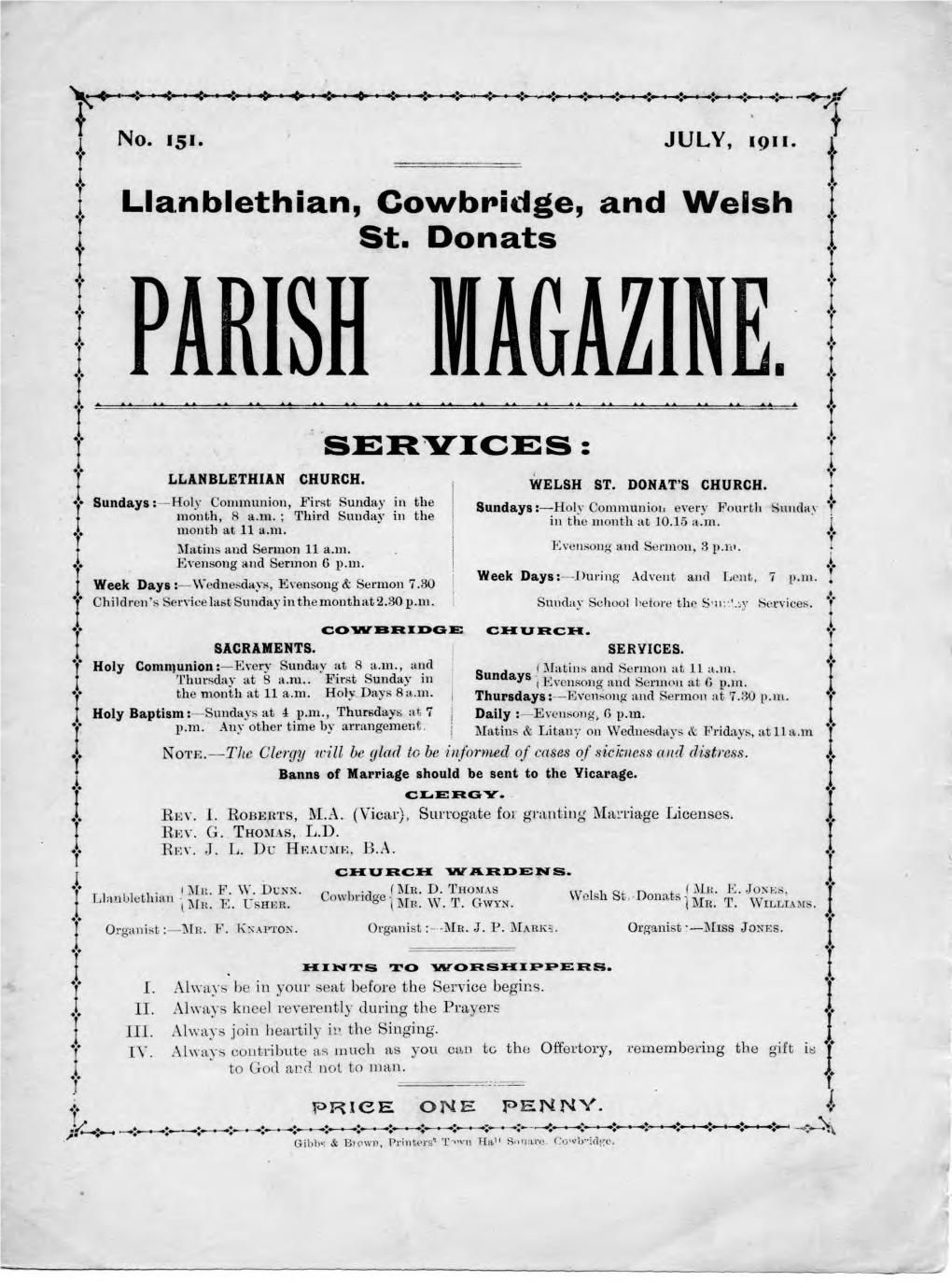 Llanblethian, Cowbradge, and Welsh [ St. Donats 1 PARISH MAGAZINE.!