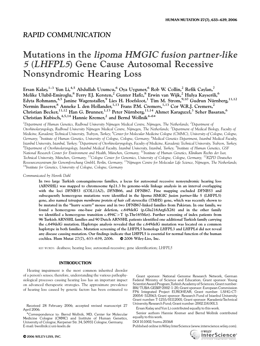 Mutations in the Lipoma HMGIC Fusion Partner-Like 5 (LHFPL5) Gene Cause Autosomal Recessive Nonsyndromic Hearing Loss