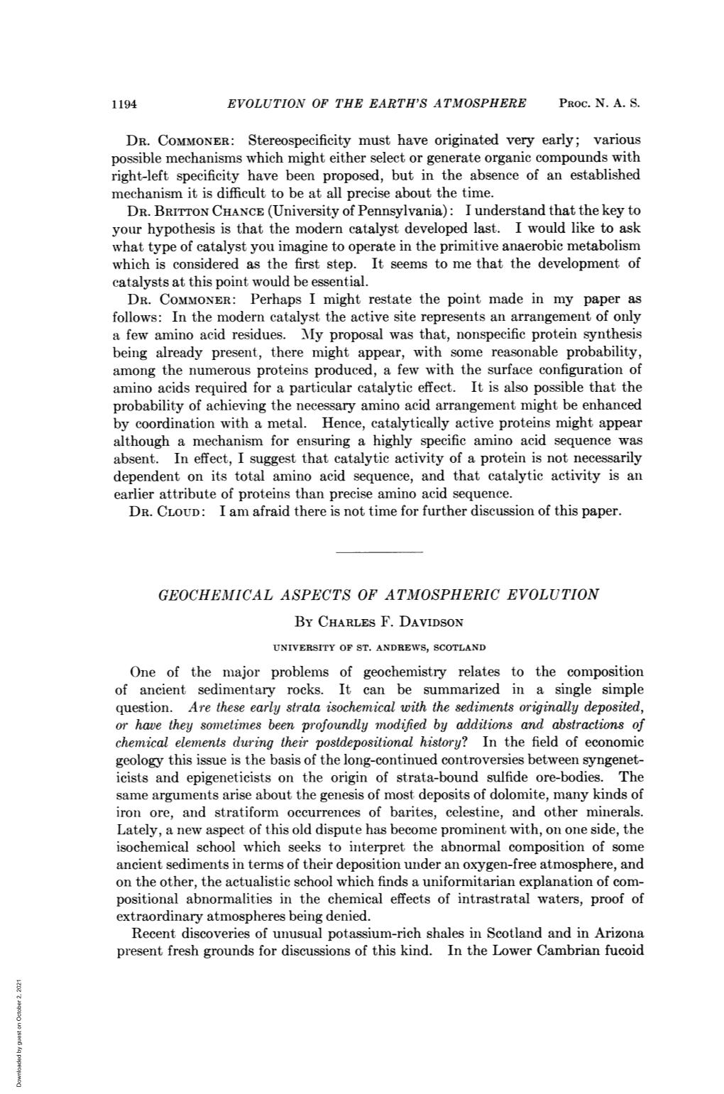 Geochemiical Aspects of Atmospheric Evolution by Charles F