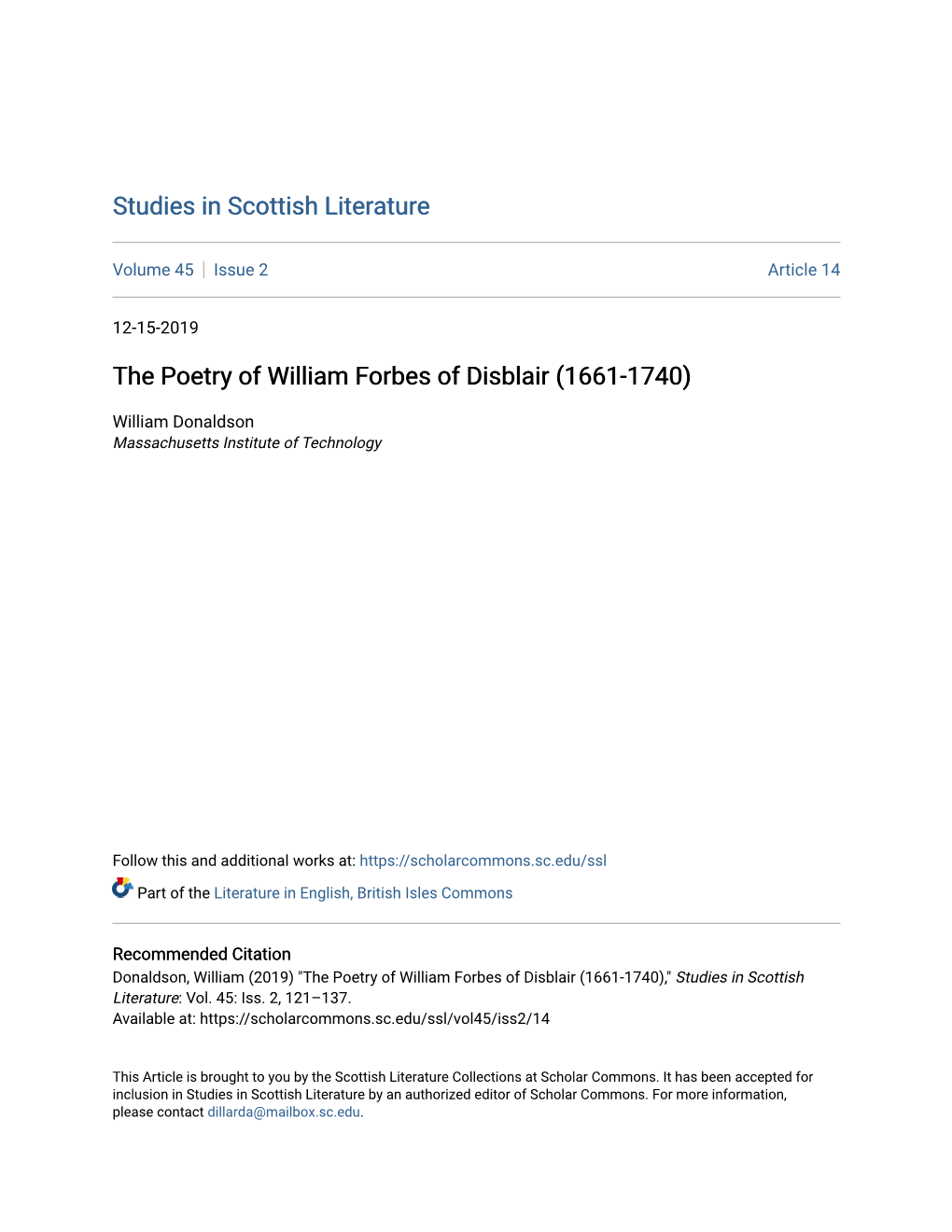 The Poetry of William Forbes of Disblair (1661-1740)