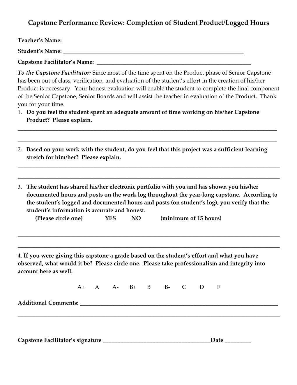 Product Evaluation Form: Completion of Student Product