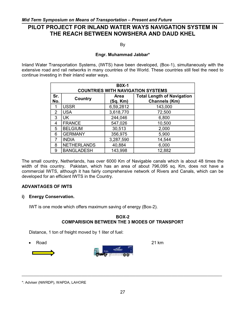 Pilot Project for Inland Water Ways Navigation System in the Reach Between Nowshera and Daud Khel