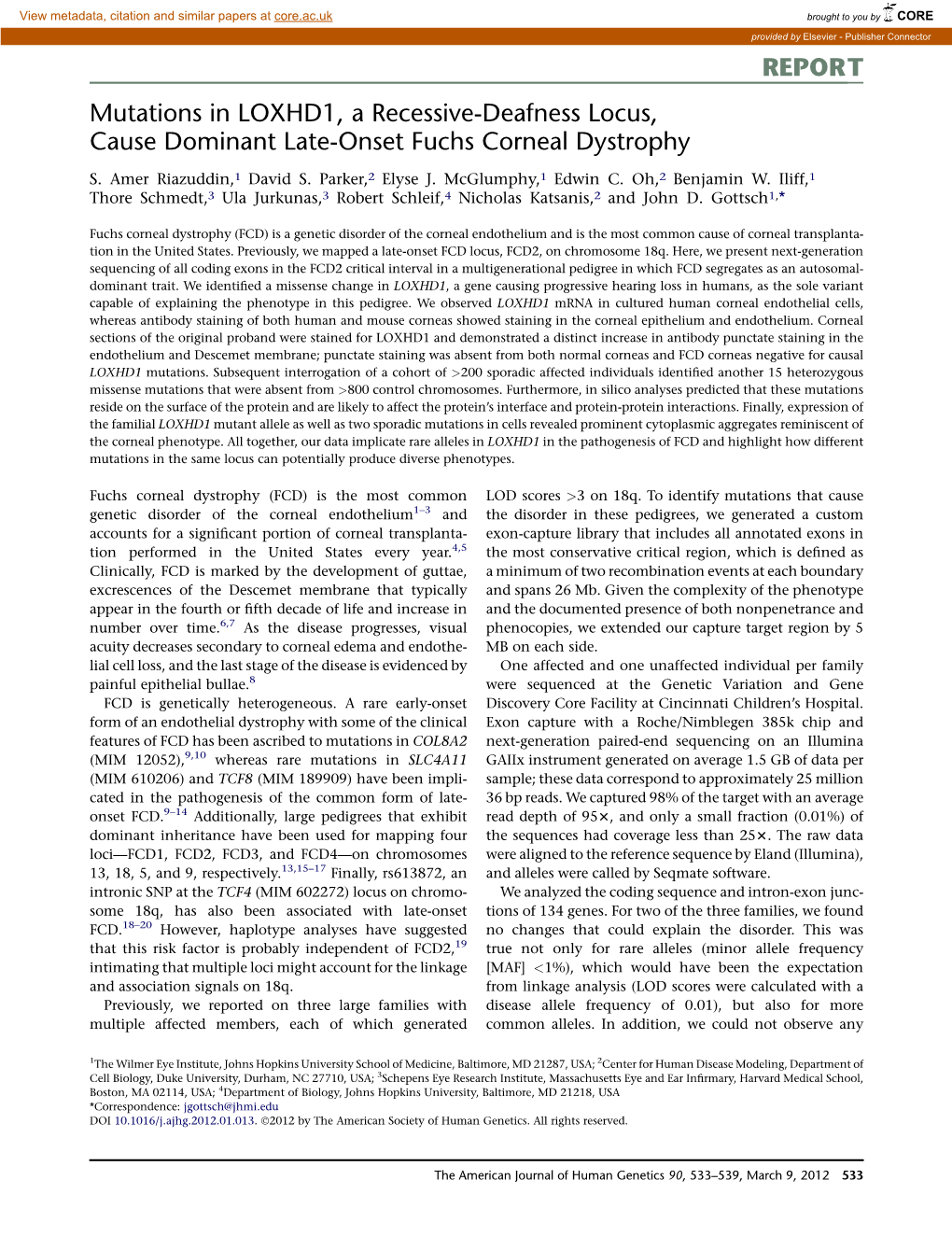 Mutations in LOXHD1, a Recessive-Deafness Locus, Cause Dominant Late-Onset Fuchs Corneal Dystrophy