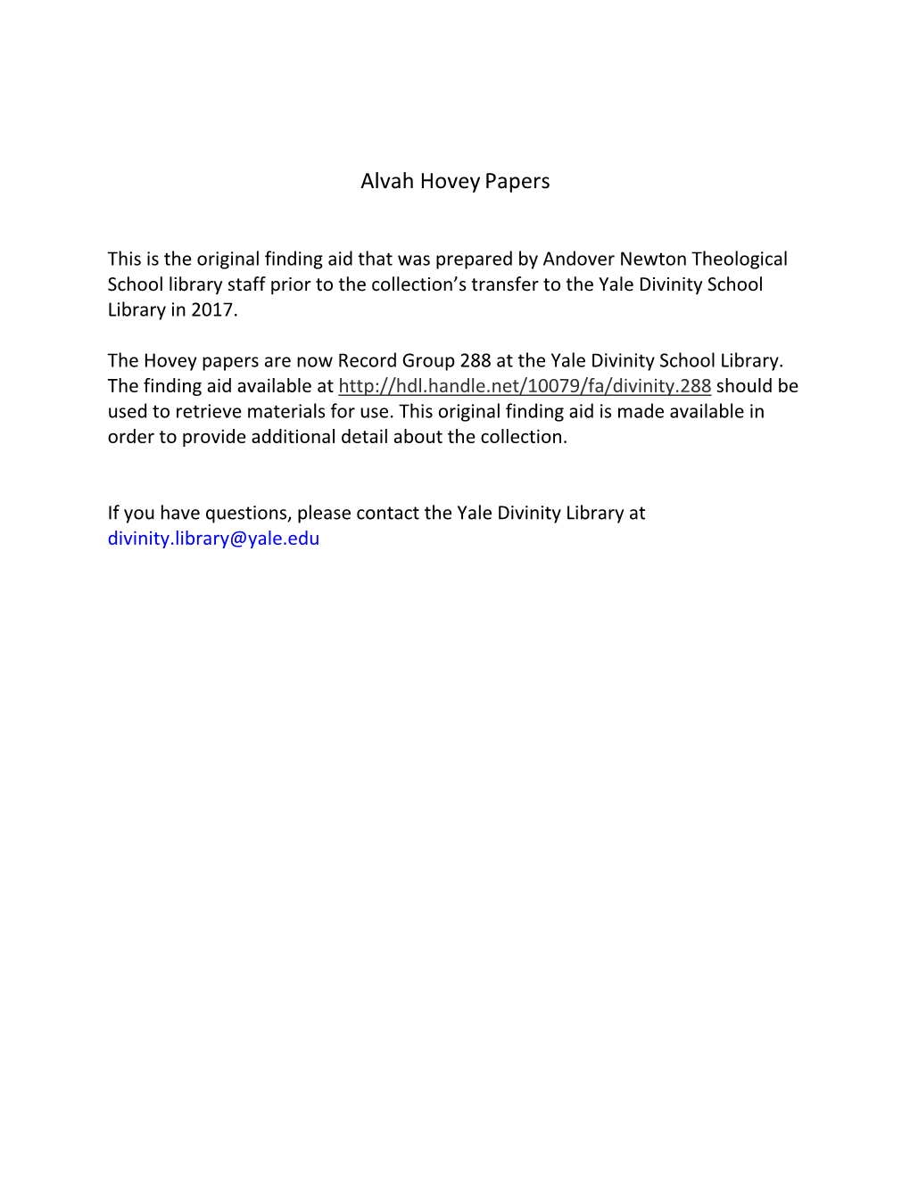 Alvah Hovey Papers