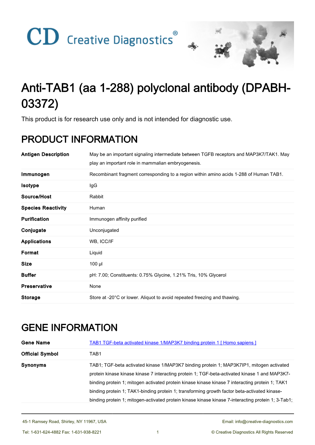 Anti-TAB1 (Aa 1-288) Polyclonal Antibody (DPABH- 03372) This Product Is for Research Use Only and Is Not Intended for Diagnostic Use