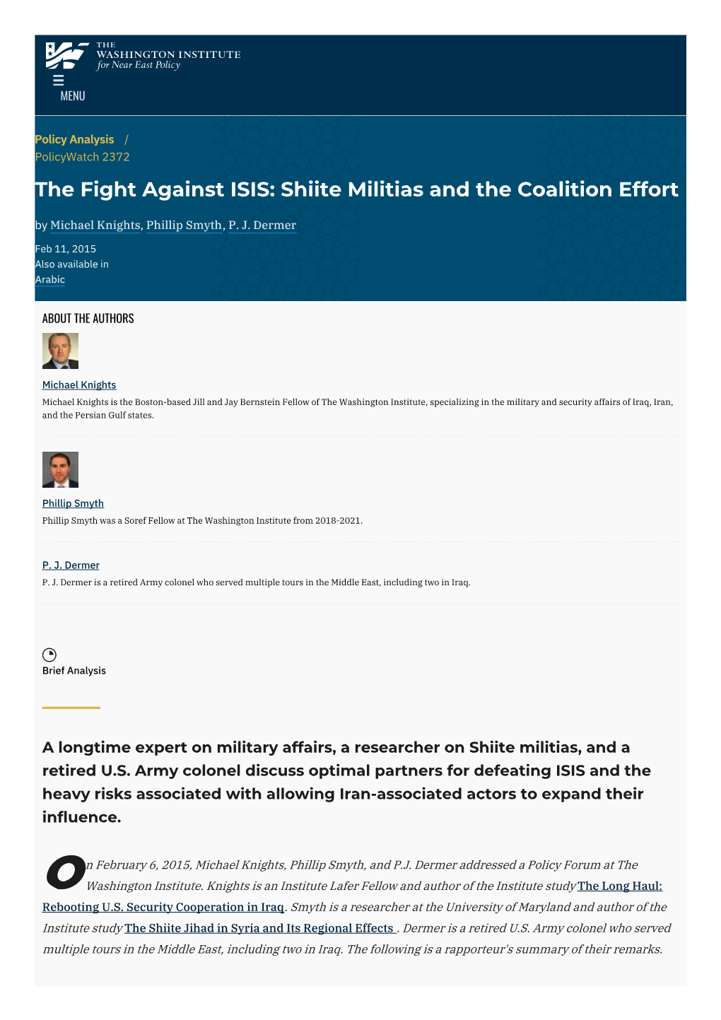 The Fight Against ISIS: Shiite Militias and the Coalition Effort by Michael Knights, Phillip Smyth, P