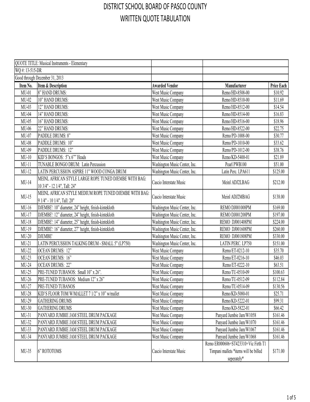 13-515-DR Musical Elementary Pricing Information