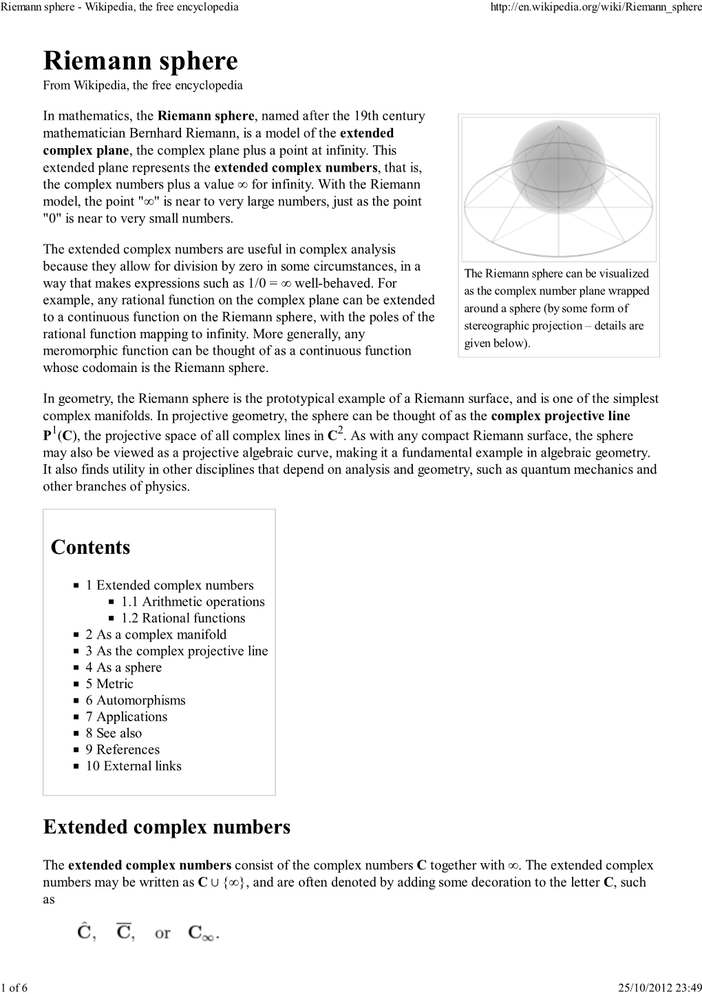 Riemann Sphere - Wikipedia, the Free Encyclopedia