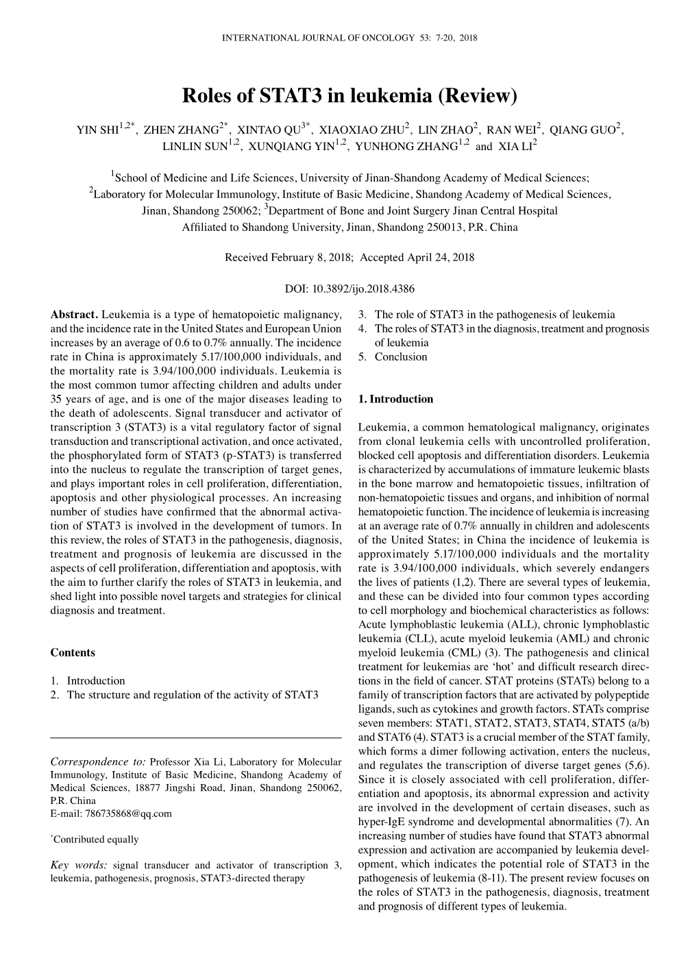 Roles of STAT3 in Leukemia (Review)