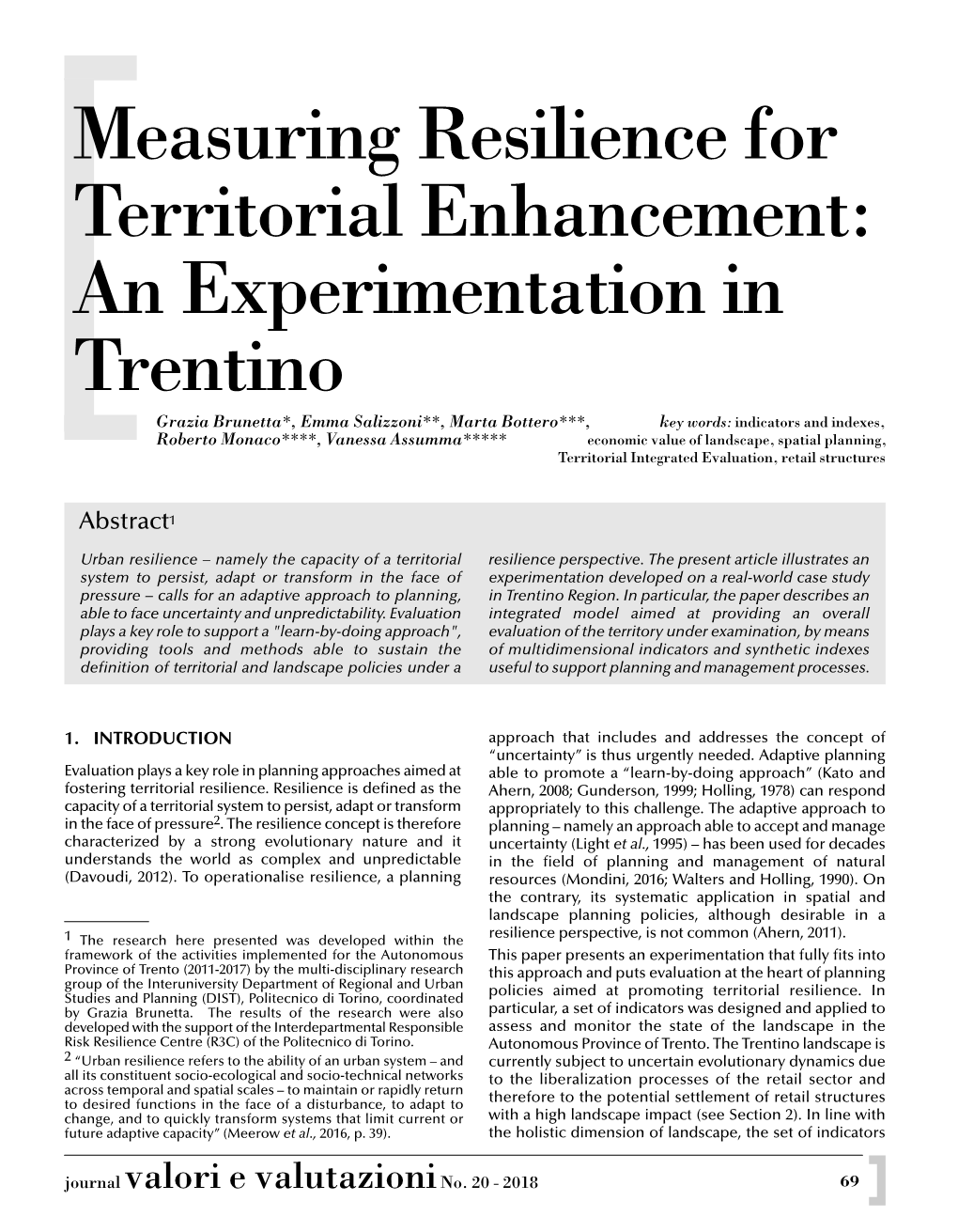 Measuring Resilience for Territorial Enhancement: an Experimentation in Trentino