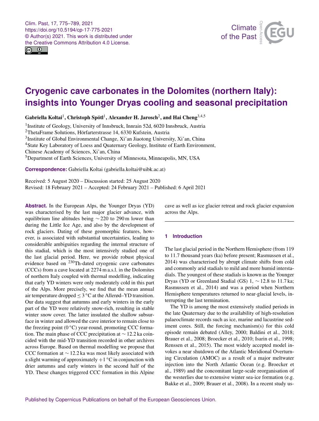Cryogenic Cave Carbonates in the Dolomites (Northern Italy): Insights Into Younger Dryas Cooling and Seasonal Precipitation
