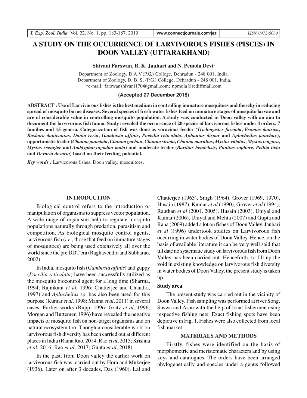 A Study on the Occurrence of Larvivorous Fishes (Pisces) in Doon Valley (Uttarakhand)