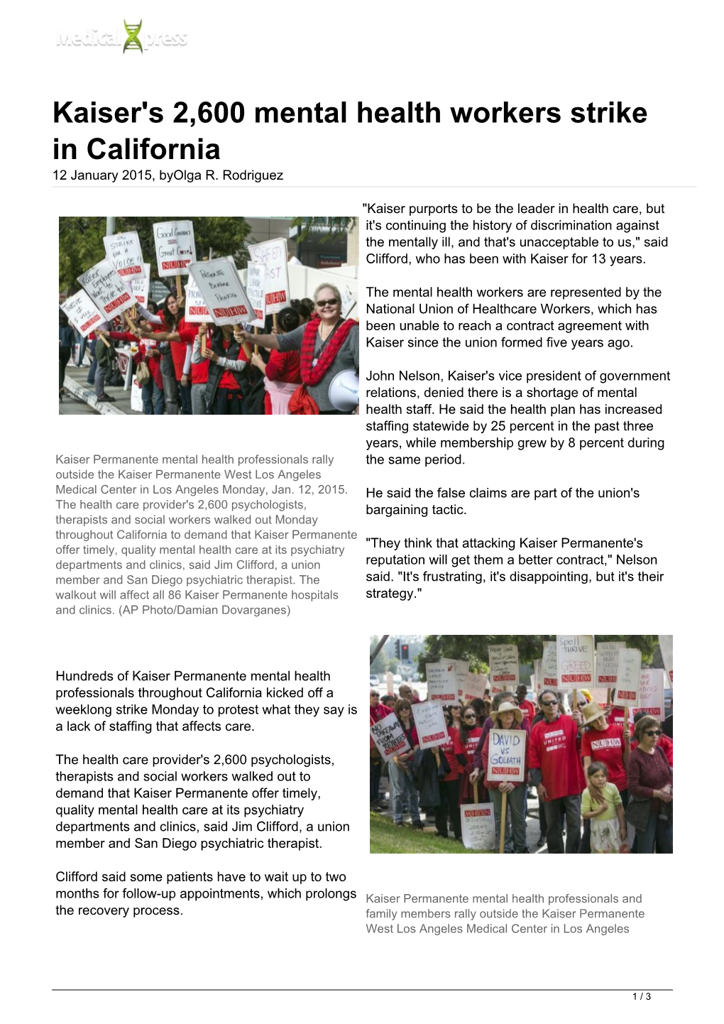 Kaiser's 2,600 Mental Health Workers Strike in California 12 January 2015, Byolga R