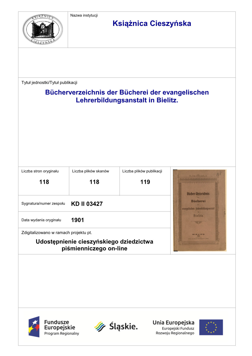 Bücherverzeichnis Der Bücherei Der Evangelischen Lehrerbildungsanstalt in Bielitz