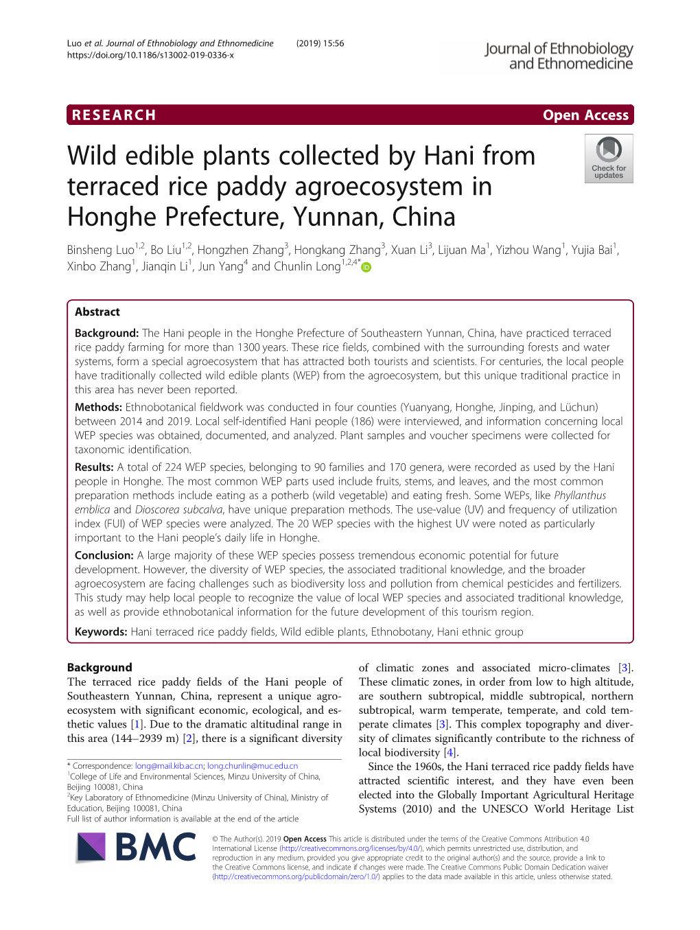 Wild Edible Plants Collected by Hani from Terraced Rice Paddy Agroecosystem in Honghe Prefecture, Yunnan, China