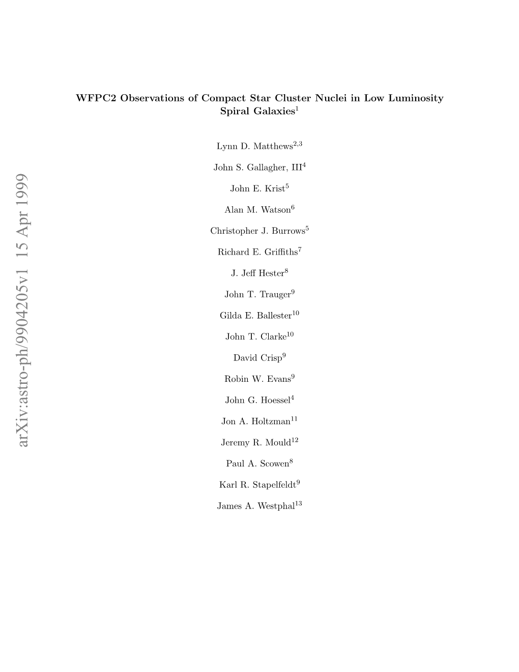 Arxiv:Astro-Ph/9904205V1 15 Apr 1999 FC Bevtoso Opc Trcutrnce Nlwlum Low in Nuclei Cluster Star Compact of Observations WFPC2 Hitpe .Burrows J