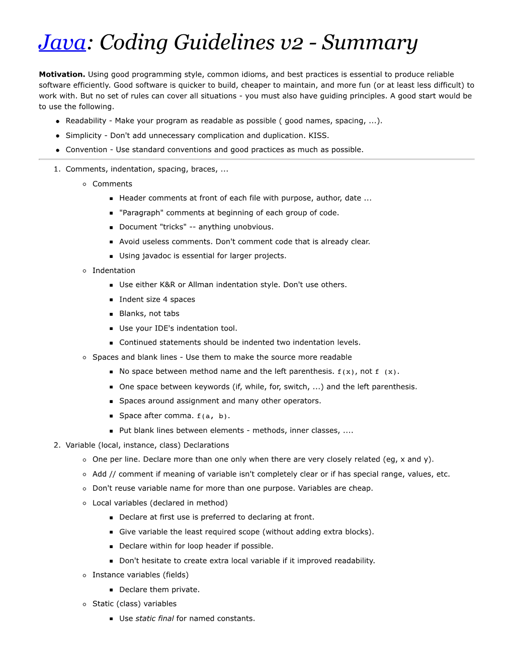 Java: Coding Guidelines V2 - Summary
