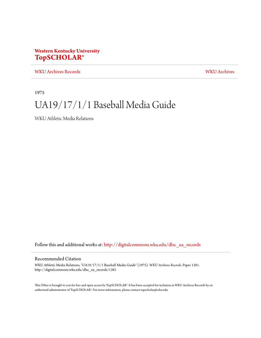 UA19/17/1/1 Baseball Media Guide WKU Athletic Media Relations