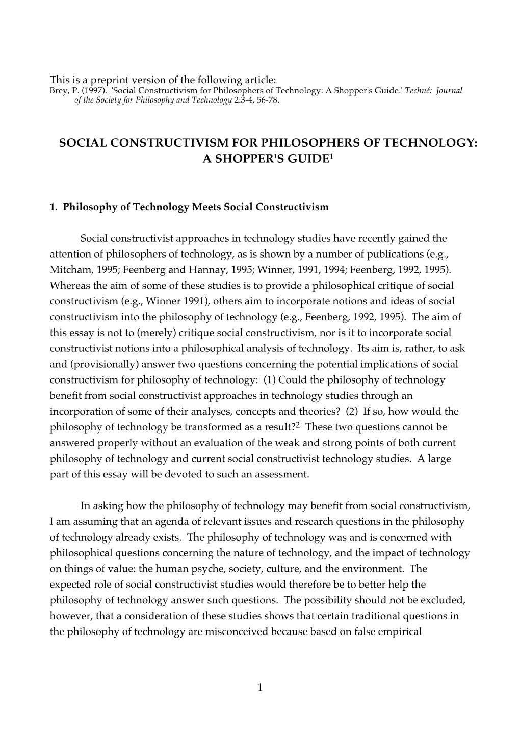 Social Constructivism for Philosophers of Technology: a Shopper's Guide.' Techné: Journal of the Society for Philosophy and Technology 2:3-4, 56-78