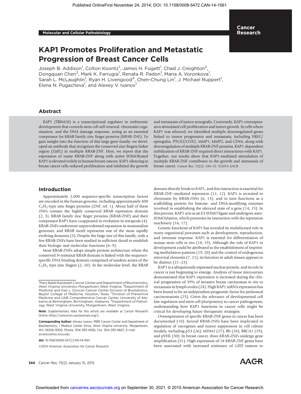 KAP1 Promotes Proliferation and Metastatic Progression of Breast Cancer Cells Joseph B