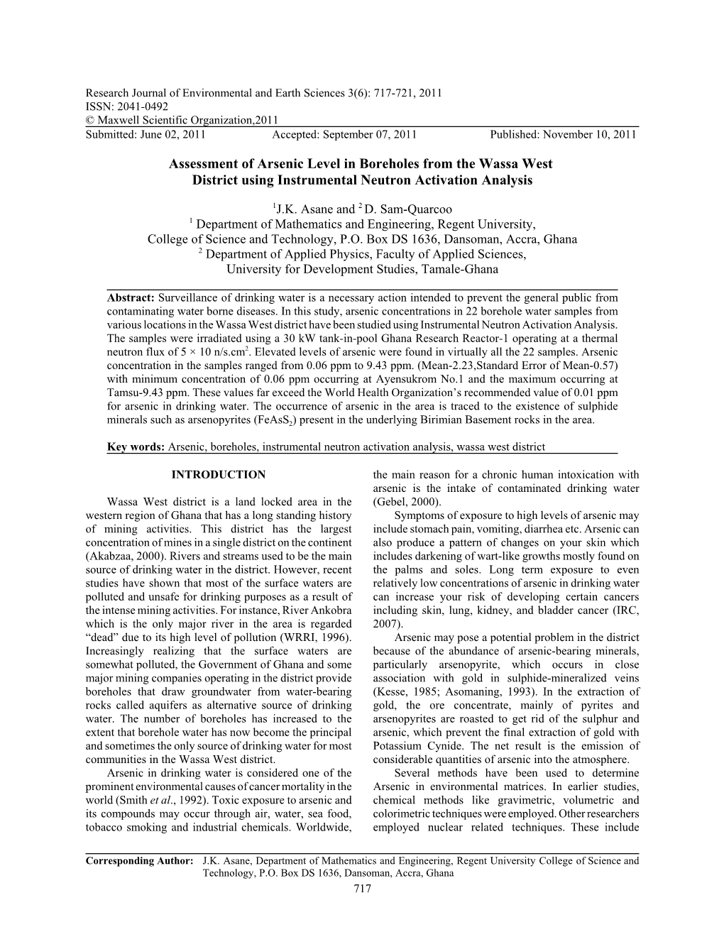 Assessment of Arsenic Level in Boreholes from the Wassa West District Using Instrumental Neutron Activation Analysis