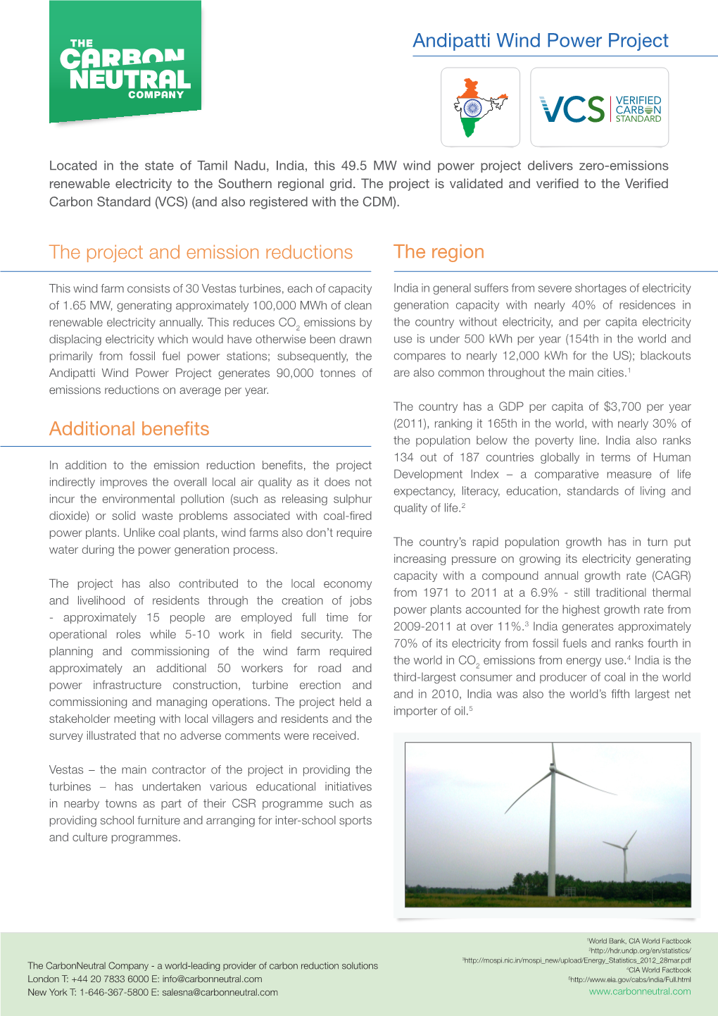 Andipatti Wind Power Project the Project and Emission Reductions Additional Benefits the Region