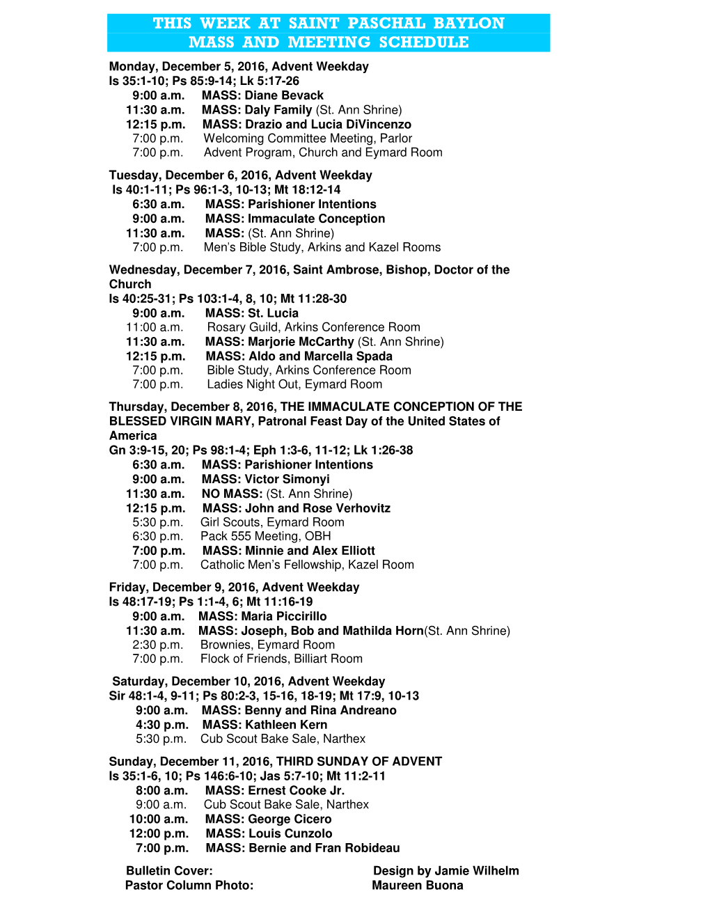 This Week at Saint Paschal Baylon Mass and Meeting Schedule