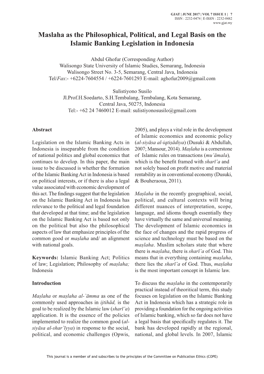 Maslaha As the Philosophical, Political, and Legal Basis on the Islamic Banking Legislation in Indonesia