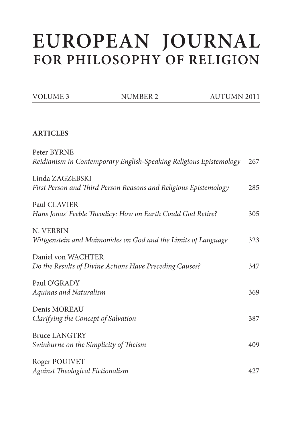 European Journal for Philosophy of Religion