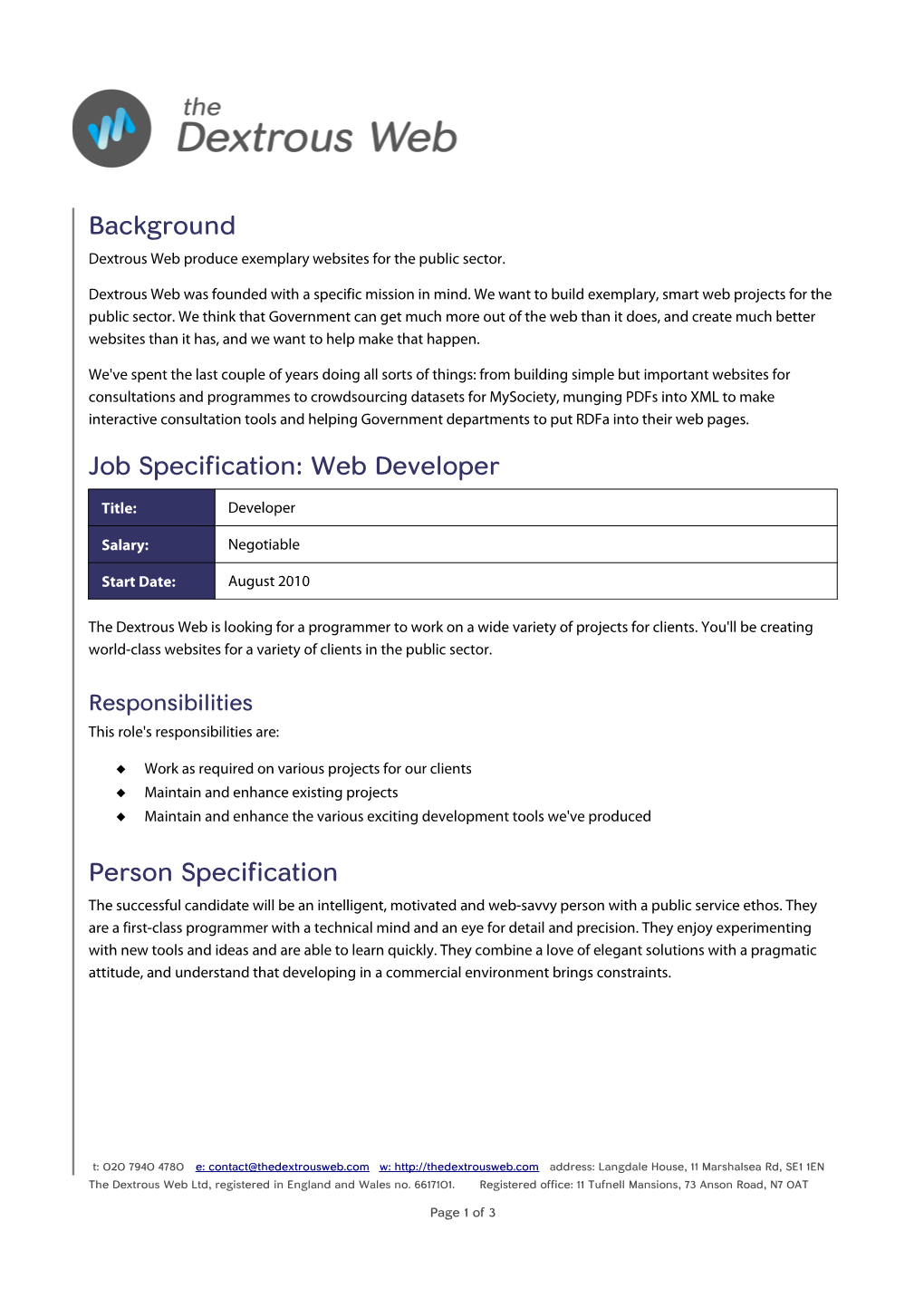 Web Developer Person Specification