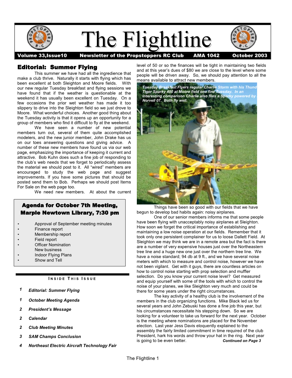 The Flightline 1 Volume 33,Issue 10 Newsletter of the Propstoppers RC Club October 2003