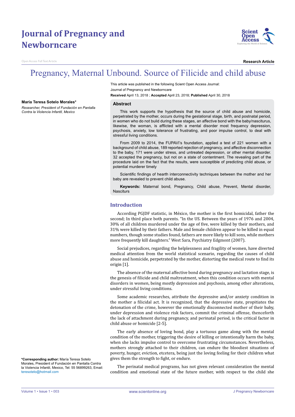 Pregnancy, Maternal Unbound. Source of Filicide and Child Abuse