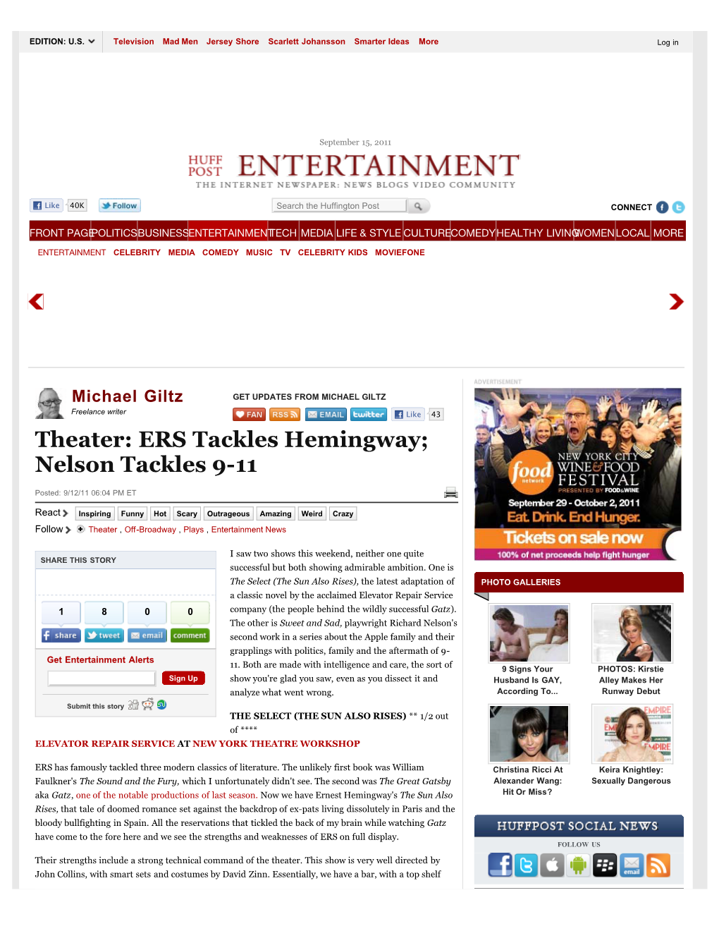 Theater: ERS Tackles Hemingway; Nelson Tackles 9-11